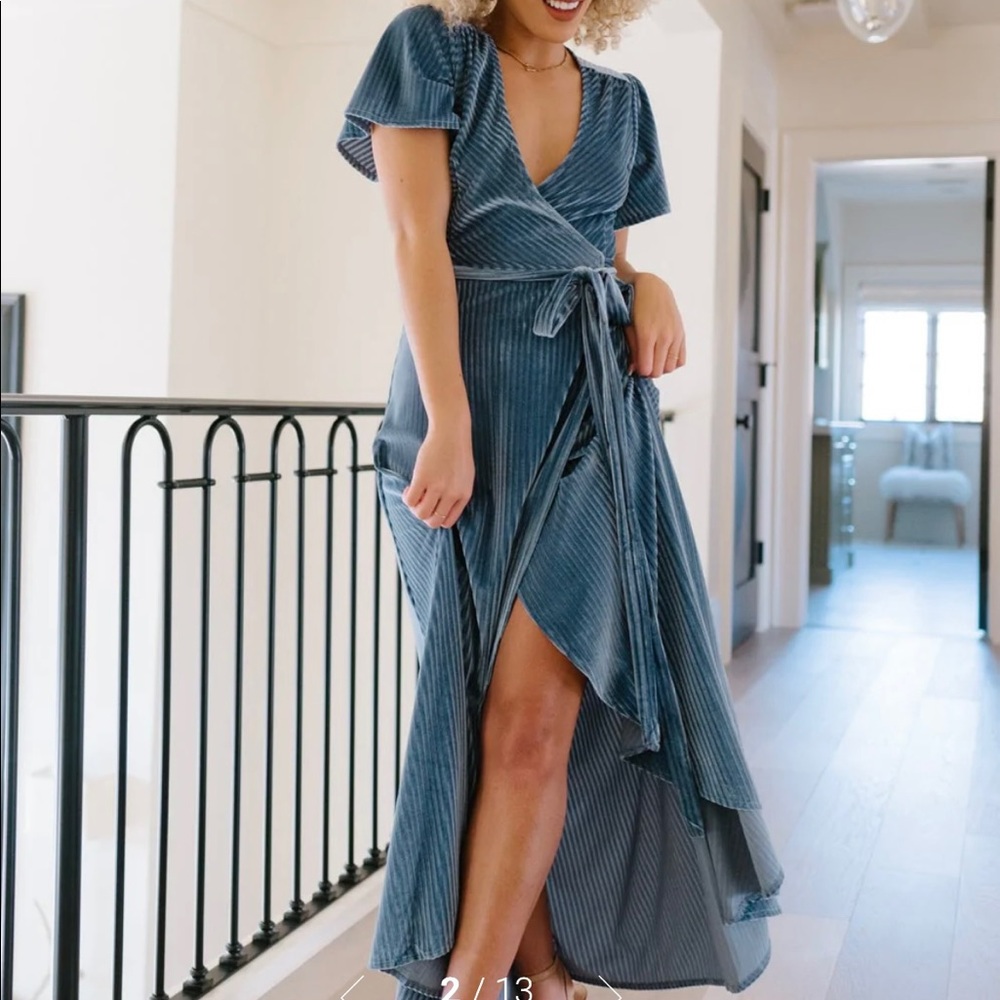 Baltic Born Andi Ribbed Velvet Wrap Dress Blue Maxi Wrap Dress